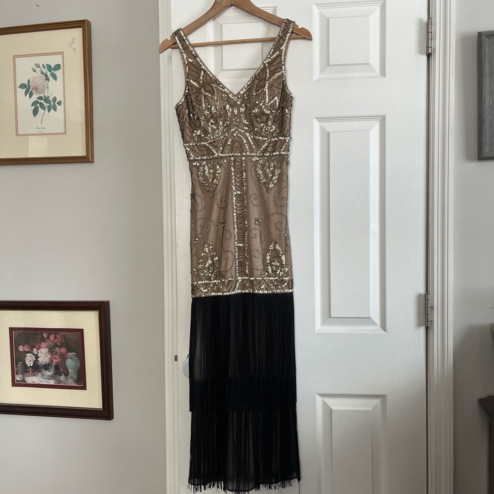 Sue Wong Sequin Embellished Dress in Black and Tan - Picture 3 of 9